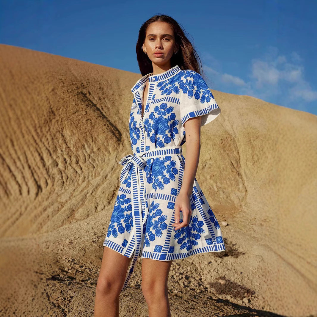 Vestido con cordones estampado de ropa informal de verano para mujer