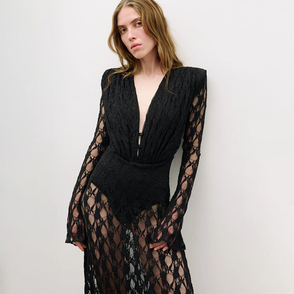 Robe d'automne-hiver en dentelle française à manches longues doublée, vêtements pour femmes, robe sexy de soirée, robe de Noël