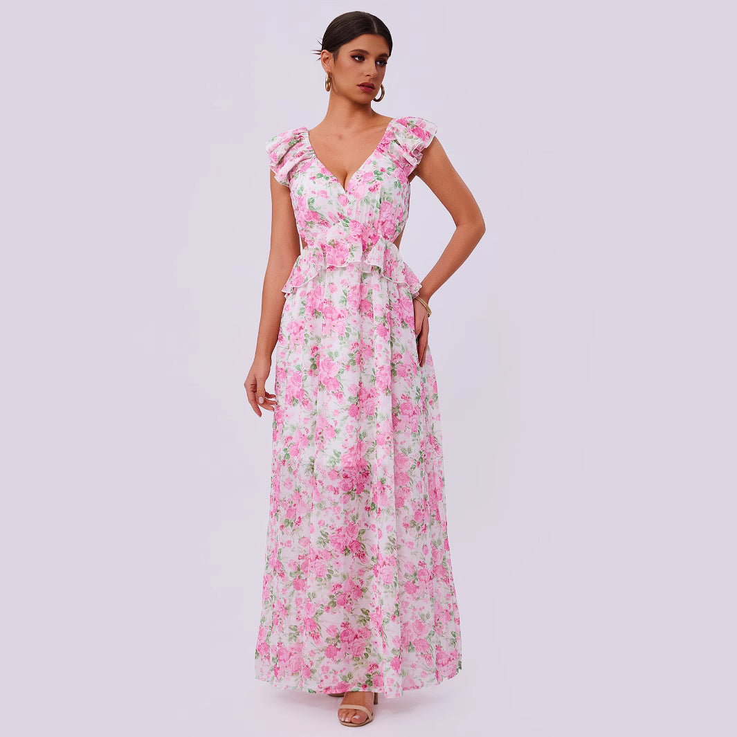 Ropa elegante de verano para mujer con dobladillo estampado floral largo