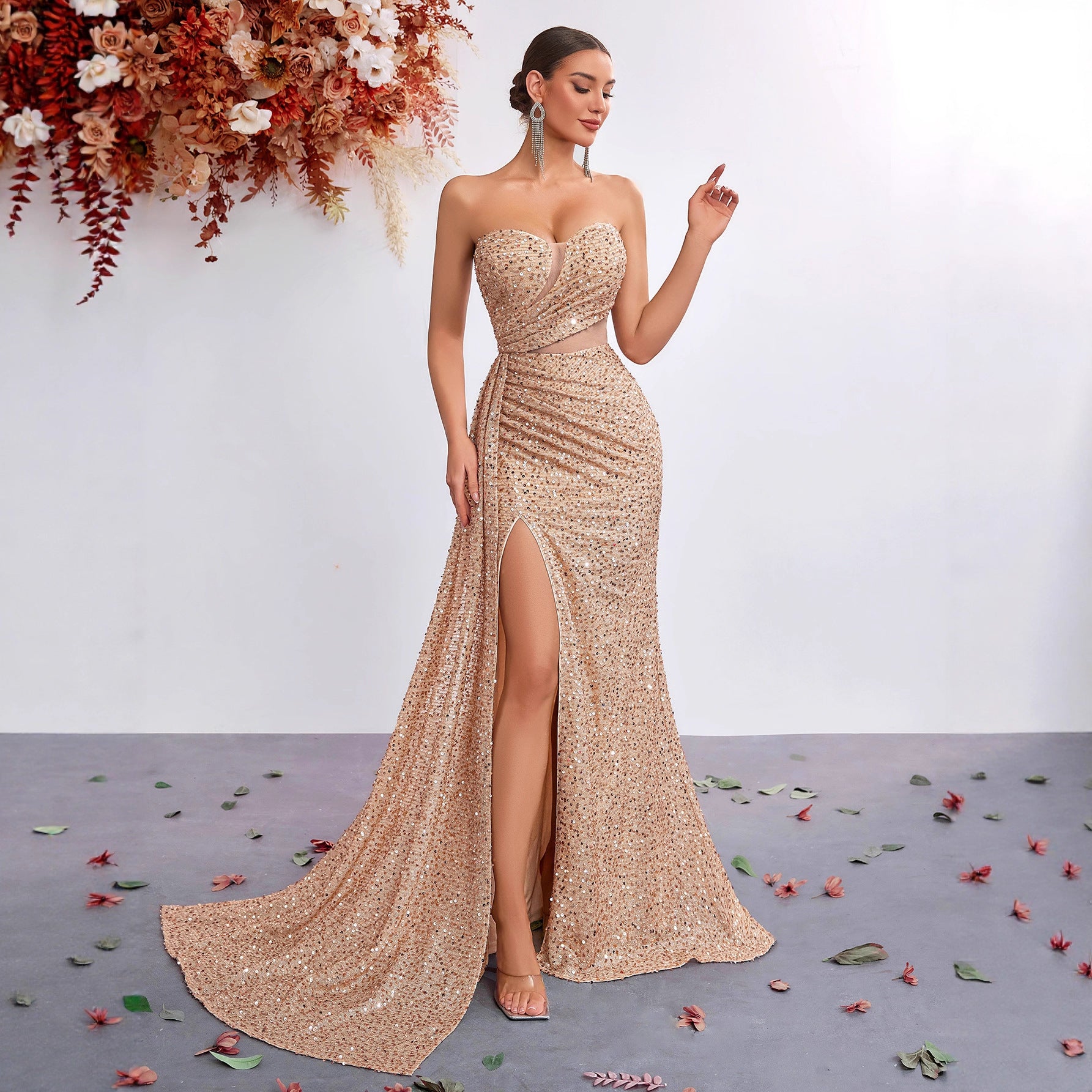 Light Luxury Sequ Tube Top Sexy High Waist Slit Fishtail Evening Dress Cocktail High Grade Socialite Dress