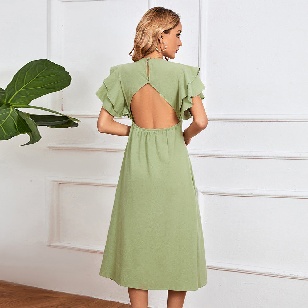 Spring Summer Women Clothing V neck Sexy Backless A line Midi Dress