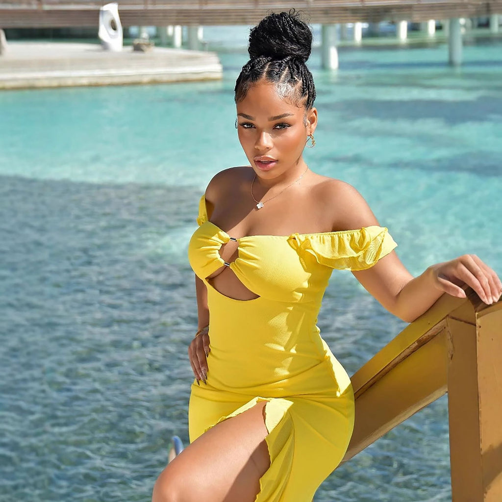 Robe d'été sexy pour femme, épaules dénudées, bustier, découpes ajourées, coupe ajustée et fendue