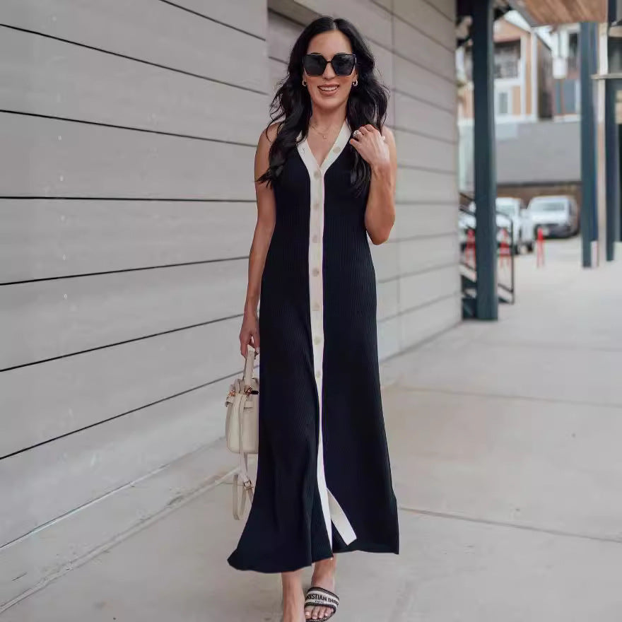 V neck Sleeveless Single Breasted Knitted Dress Tight Midi Dress Contrast Color Cardigan Sexy Summer Dress