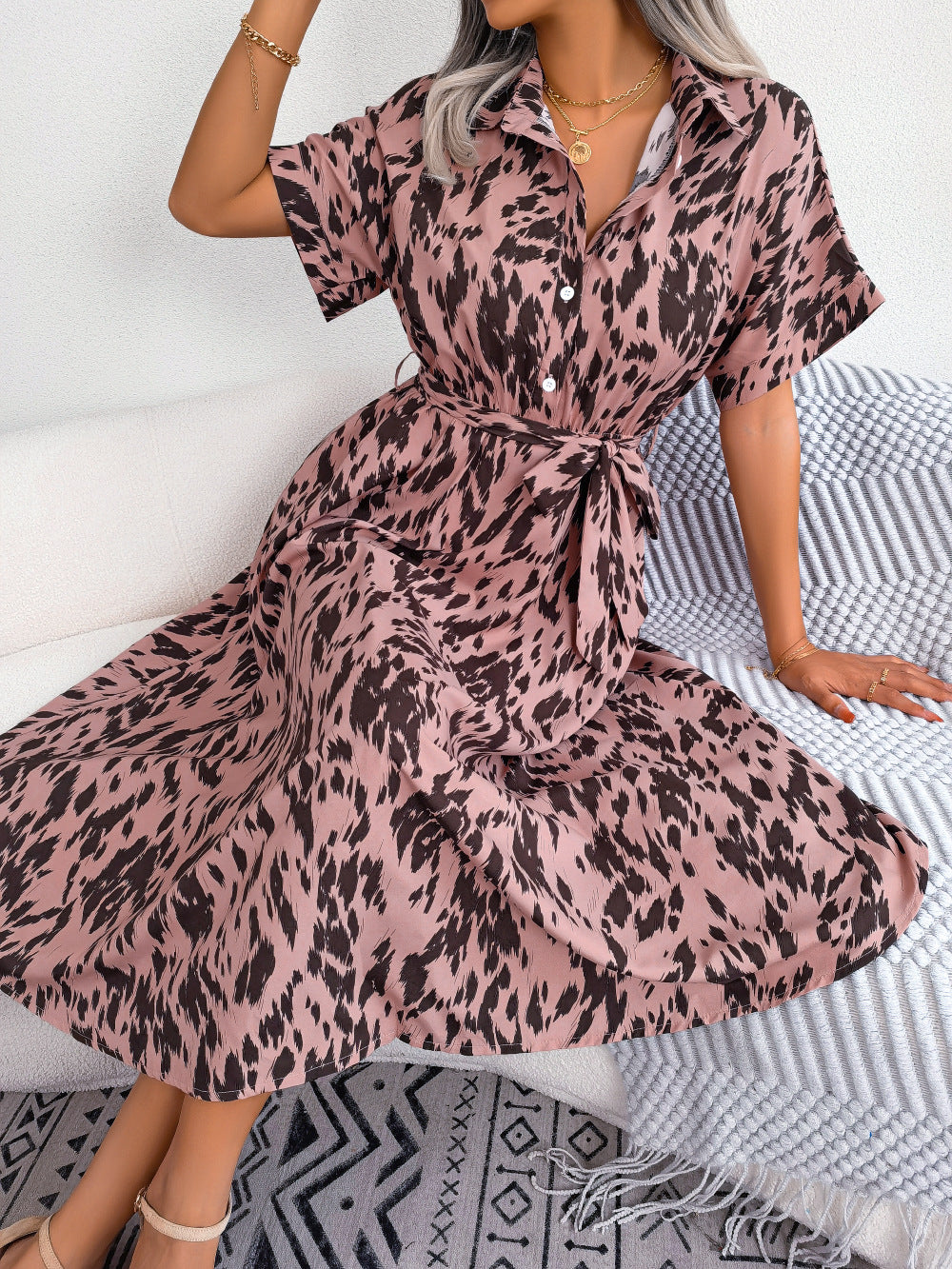 Summer Casual Loose Leopard Print Lace Up Dress Women Clothing