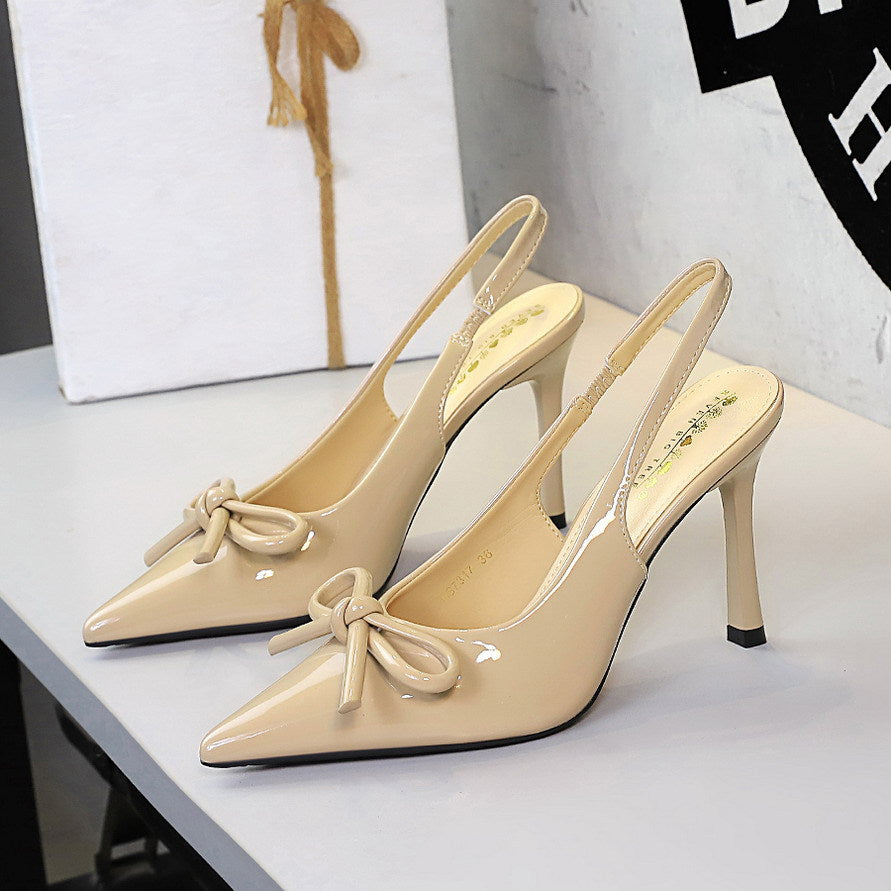 Sexy Nightclub Goddess High Heels Bow Patent Leather Pointed Toe Slingback Back Strap Pumps