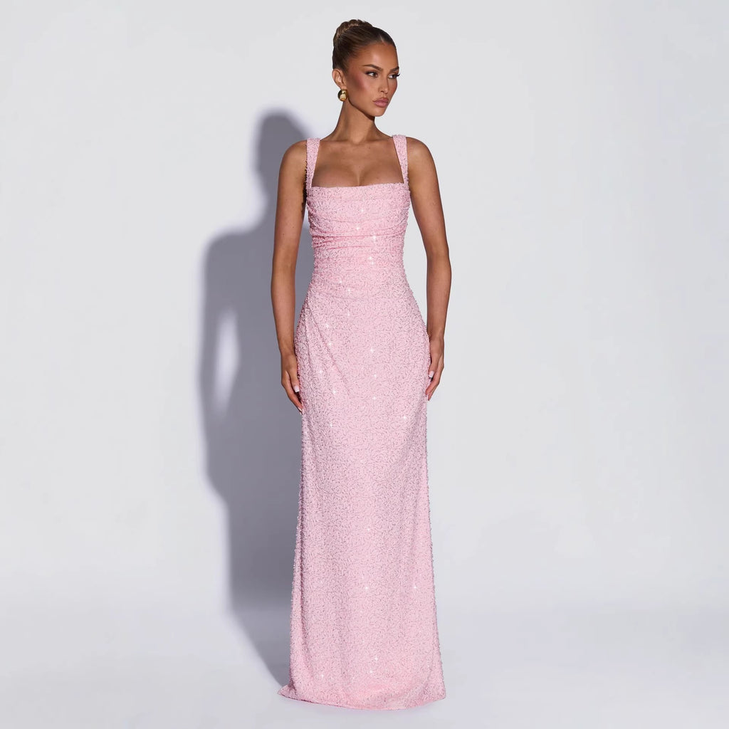 Personalized Sequined Solid Color Tube Top Dress Women Spring Sleeveless Suspenders Split Waist Fitted Maxi Dress