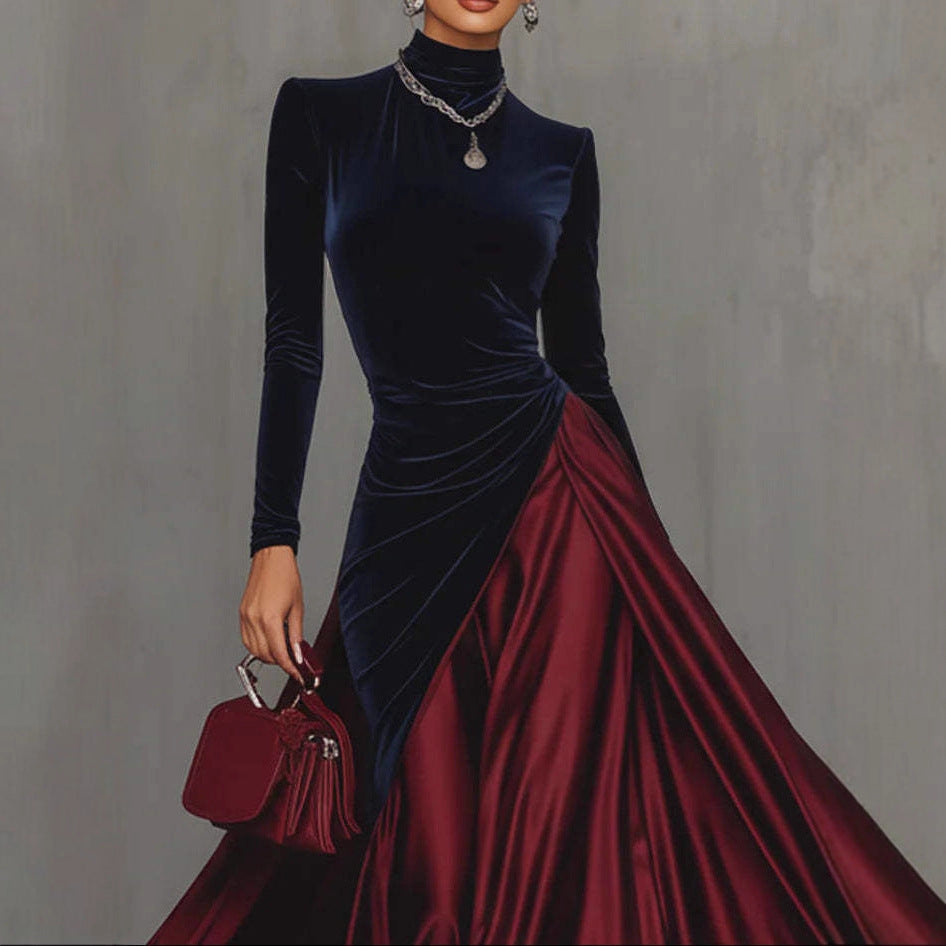 Vestido elegante de primavera con cuello alto, costuras de terciopelo y dobladillo grande tipo paraguas.