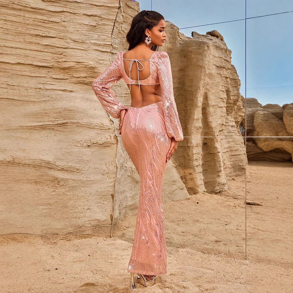 Robe de soirée femme manches longues, col V, dos nu sexy, robe longue à sequins