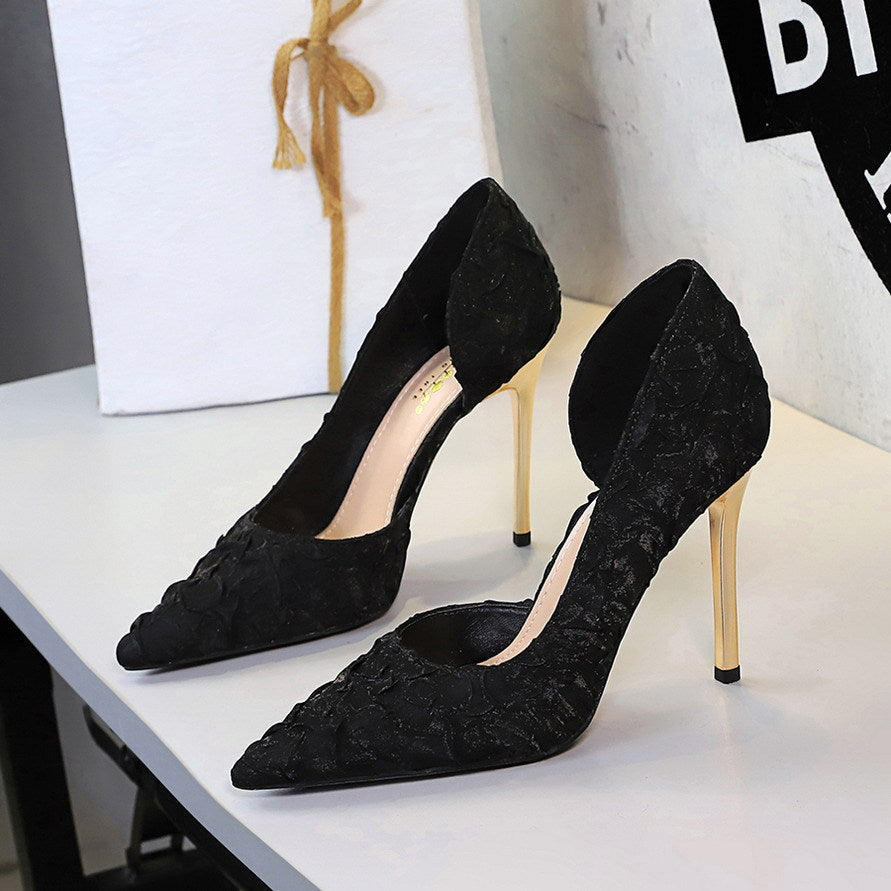 French Pleated Satin Elegant High Heels Women Slip on Evening Dress Pointed Toe Side Empty Pumps Women