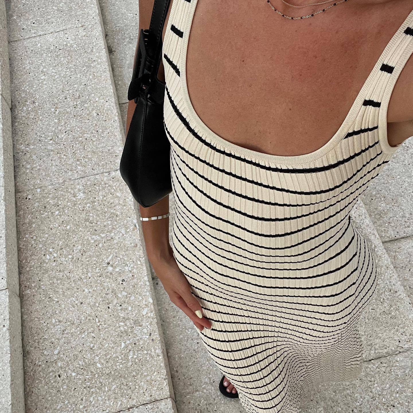 Vestido largo de punto con rayas hundidas para mujer, vestido sexy para vacaciones en la playa con contraste de colores, vestido de verano