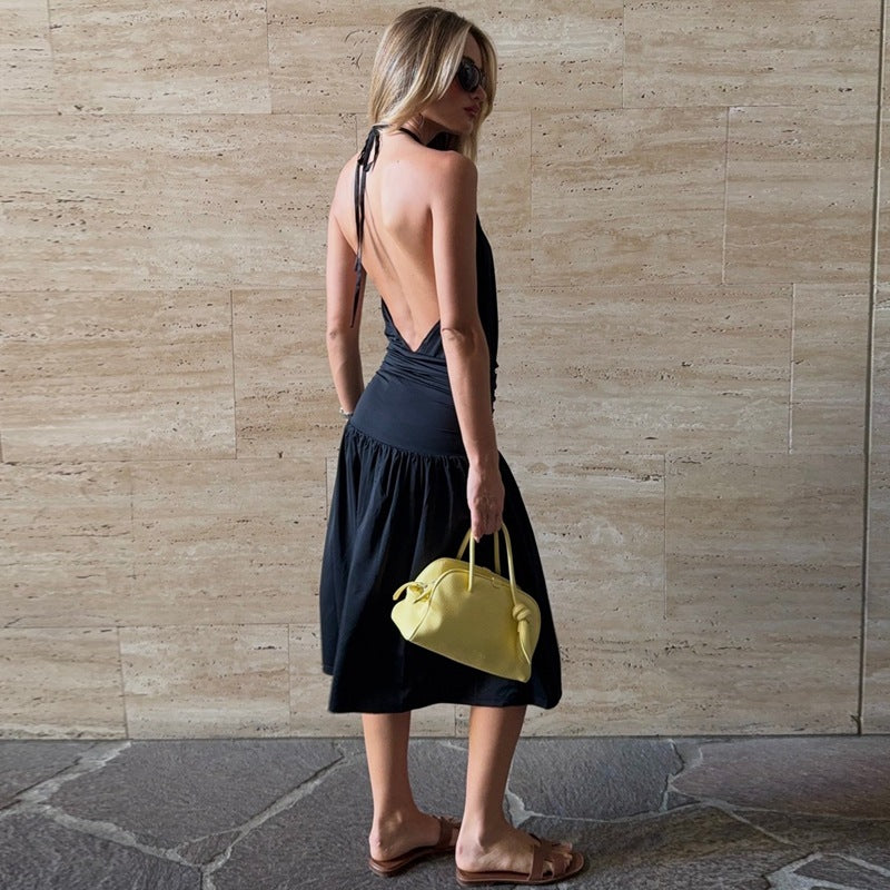 Vestido sexy para mujer con escote en V profundo, espalda descubierta, tirantes halter, cintura plisada y abertura ajustada