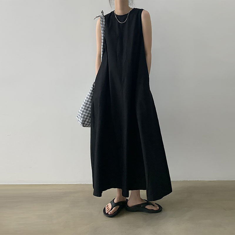 Cotton A line Loose Korean Dress Casual Minority All Match Solid Color Sleeveless round Neck Dress Women Clothing