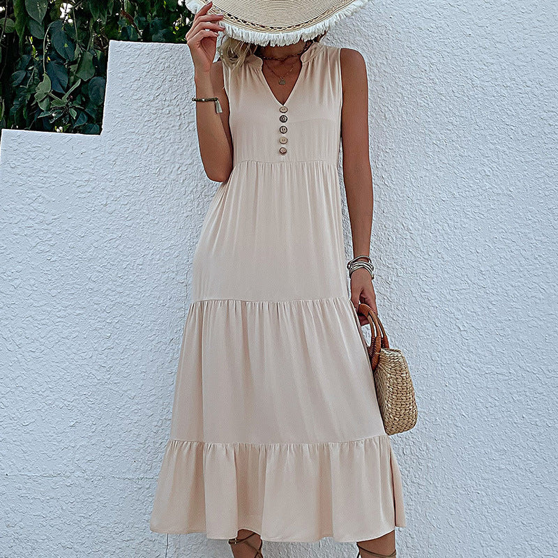 Summer Vest Dress Sleeveless Loose Casual Solid Color Babydoll Dress