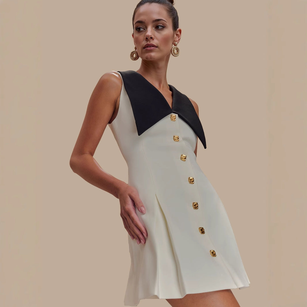 Socialite Large Collared Metal Buckle Sleeveless Waist Controlled Slimming Tuxedo Dress High Grade