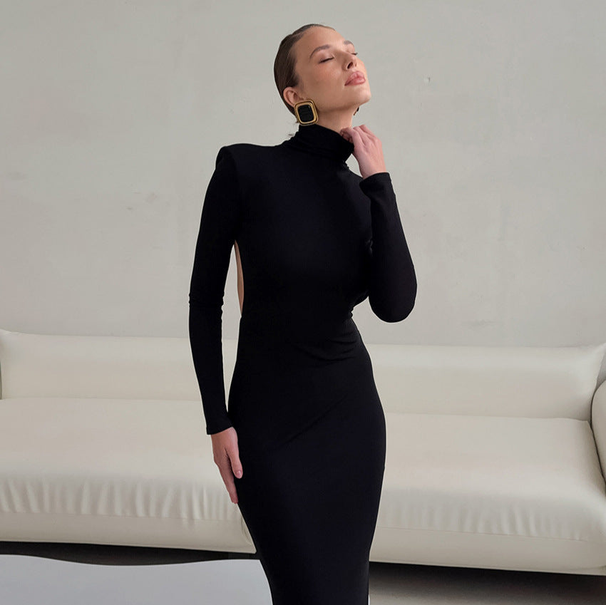 Vestido elegante de primavera negro sexy sin espalda de punto ajustado de manga larga con cuello alto para mujer