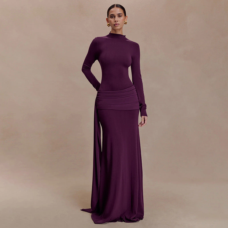 Vestido largo elegante de invierno para mujer, color liso, cuello alto, manga larga, plisado y cinta