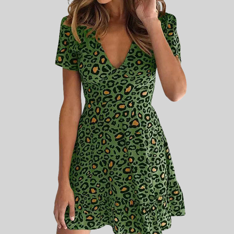 Vestido corto de verano sexy con escote en V y cintura media con estampado de leopardo