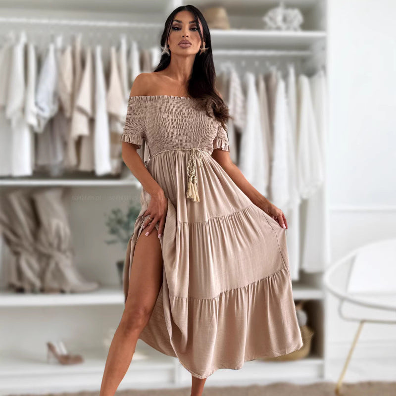 Vestido de verano para mujer, color liso, escote pronunciado, manga corta, cintura elástica, con cordones y costuras