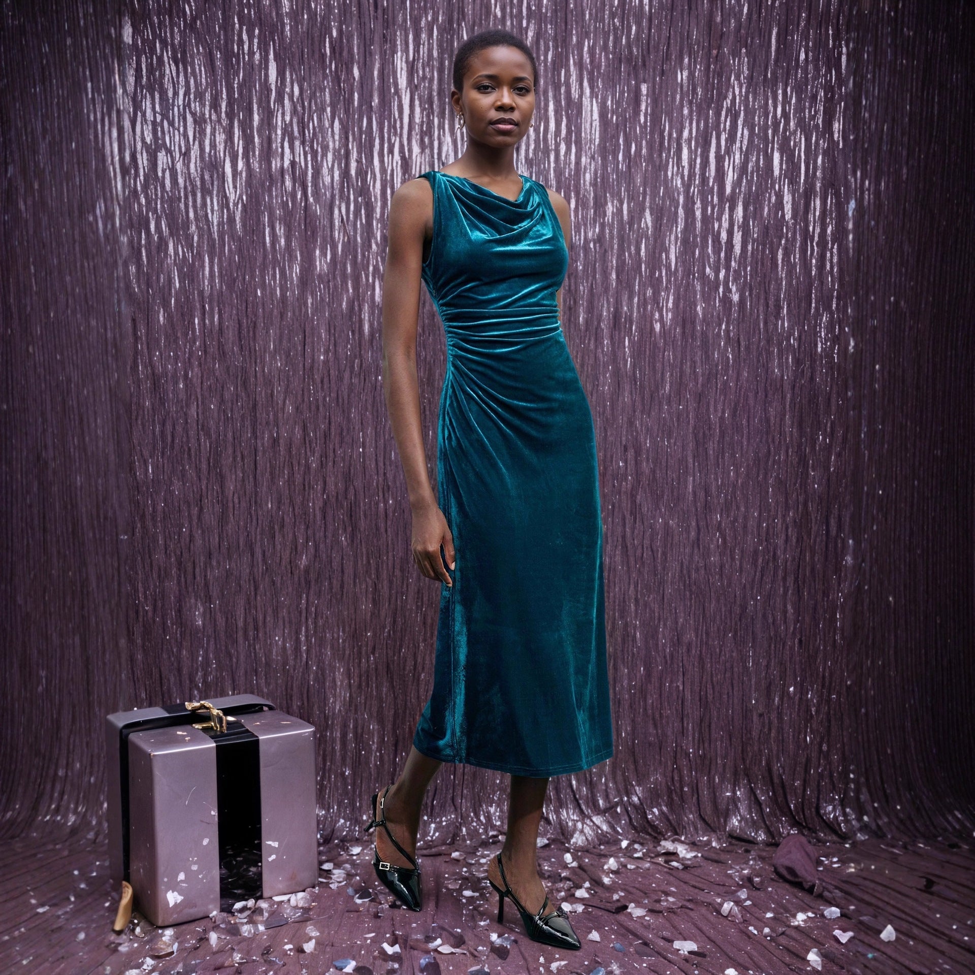 Popular Sleeveless Velvet Evening Dress Ladies Fall Winter Slim Fit Side Slit Sheath Dress