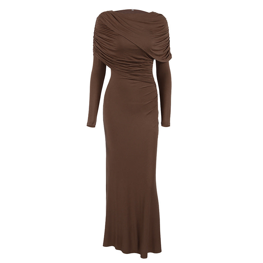 Fall Winter Elegant Long Sleeve Solid Color Knitted Slim Fit Maxi Dress Office Irregular Asymmetric Collar Dress for Women