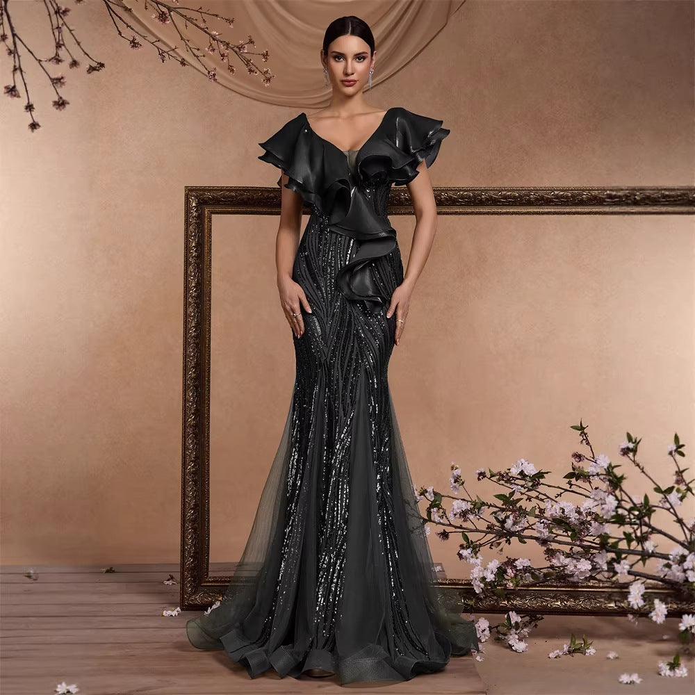 Elegant Ruffle Sleeve Sequin Elegant Cocktail Party Dinner Dress Backless Luxury Fishtail Graduation Evening