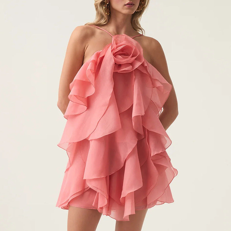 Robe courte élégante et sexy de haute qualité, idéale pour le début du printemps, dos nu, motif floral tridimensionnel, laçage, sans manches