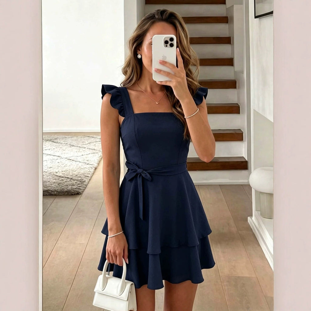 Square Collar Ruffled Flying Sleeve Dress Waist-Controlled Lace up Double Layer Tiered Dress Backless Slim Fit A line Dress