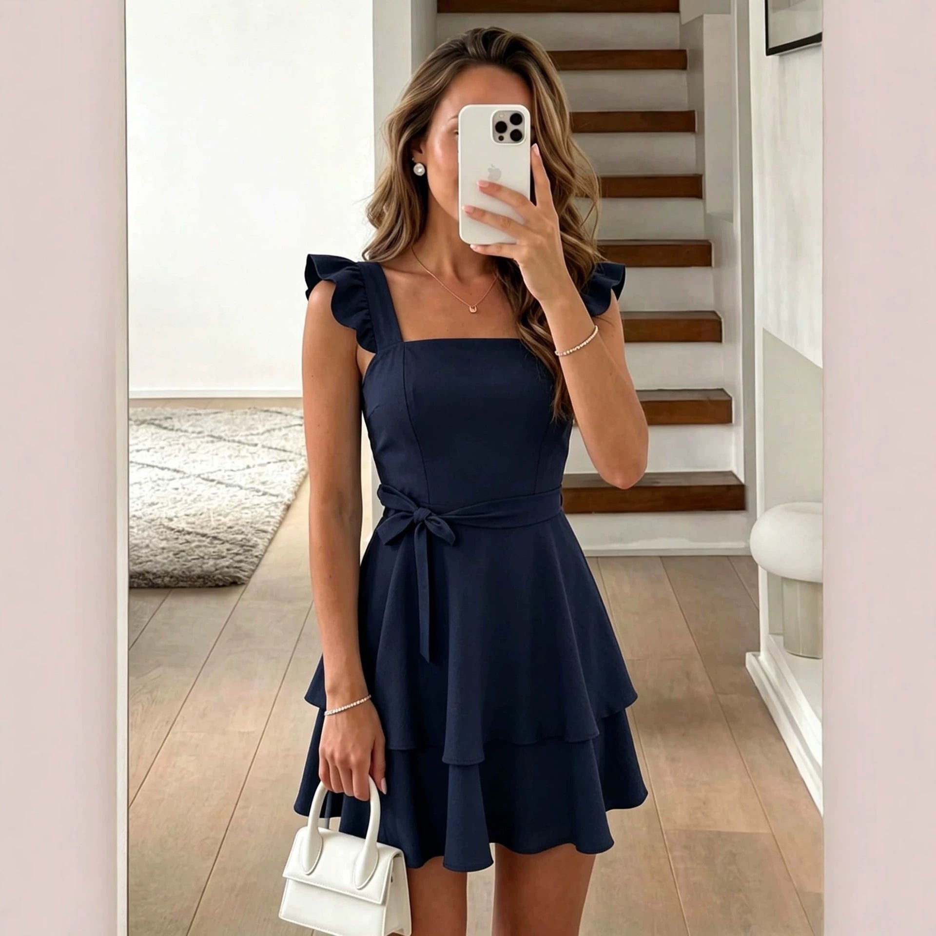 Square Collar Ruffled Flying Sleeve Dress Waist-Controlled Lace up Double Layer Tiered Dress Backless Slim Fit A line Dress