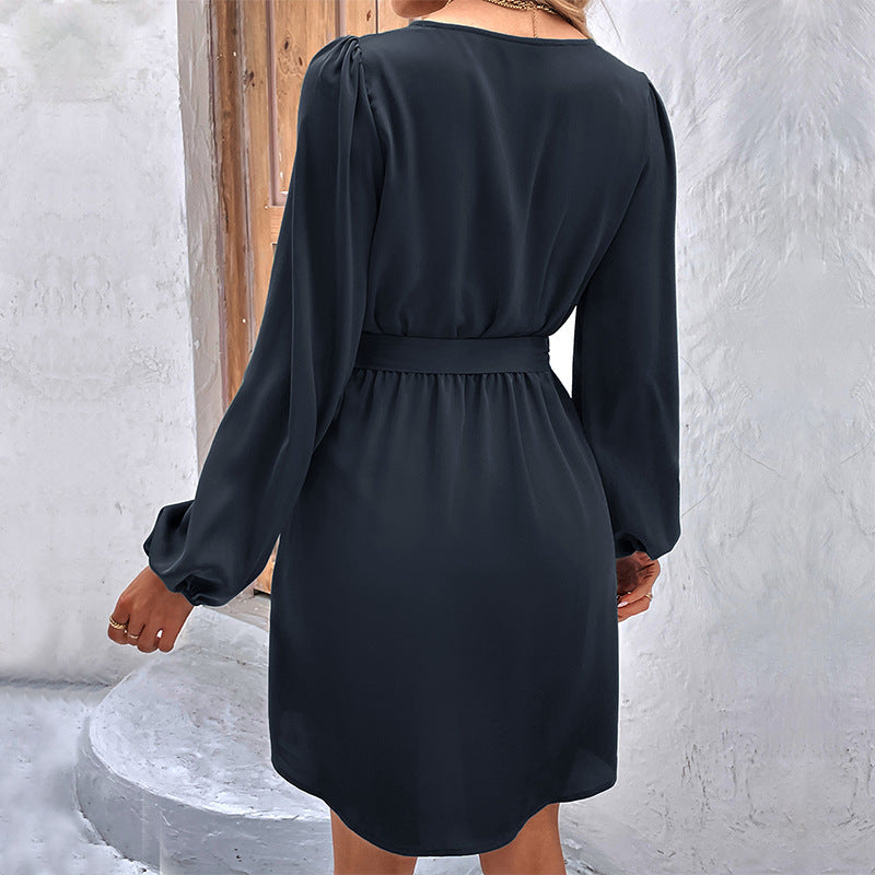 Vestido de manga larga con cuello en V y color liso para mujer de primavera