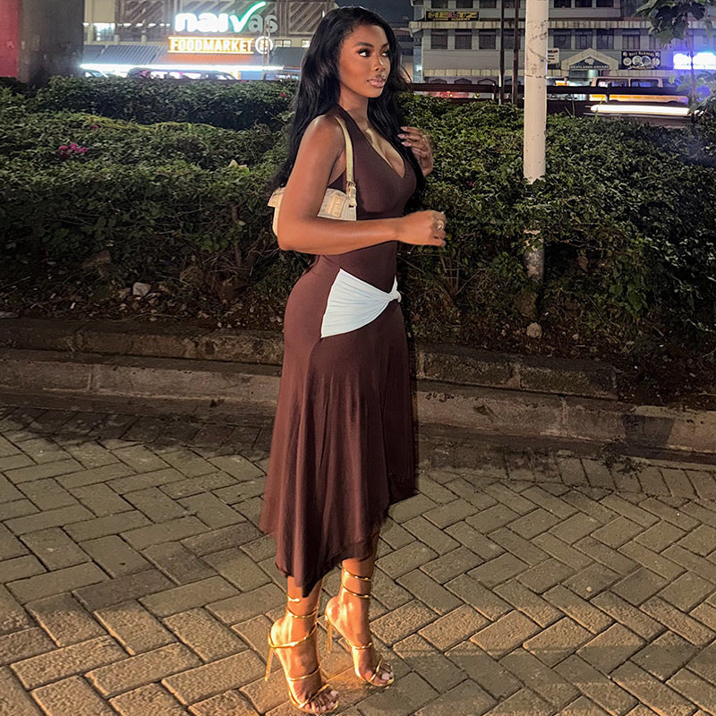 Color Matching Women Pleated Simple Design V neck Halter Waist Tight Maxi Dress