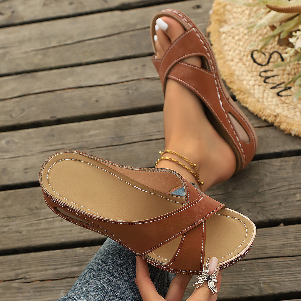 Cross Strap Open Toe Platform Slippers Women Wedge Simple Casual Beach Sandals