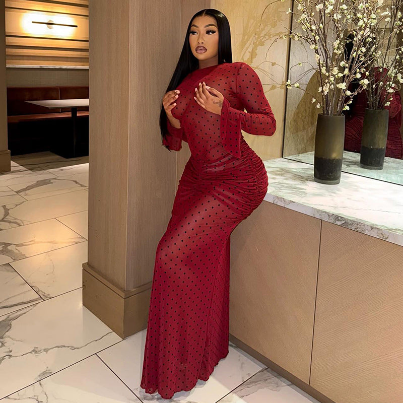 Elegant Women Clothing Pleated Print Polka Dot Slim Hip round Neck Long Sleeve Cocktail Tight Dress