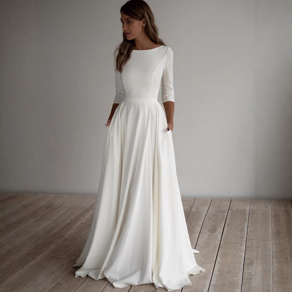 Elegante vestido de novia de cuello redondo, elegante y sencillo, manga tres cuartos, elegante vestido