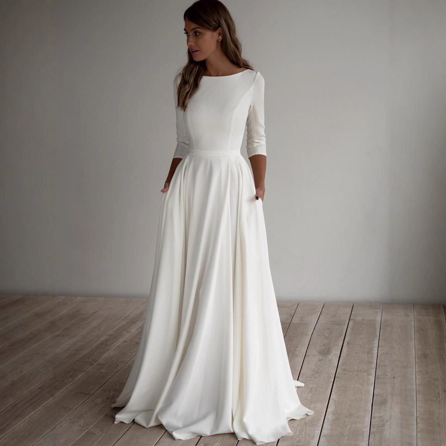 Elegante vestido de novia de cuello redondo, elegante y sencillo, manga tres cuartos, elegante vestido