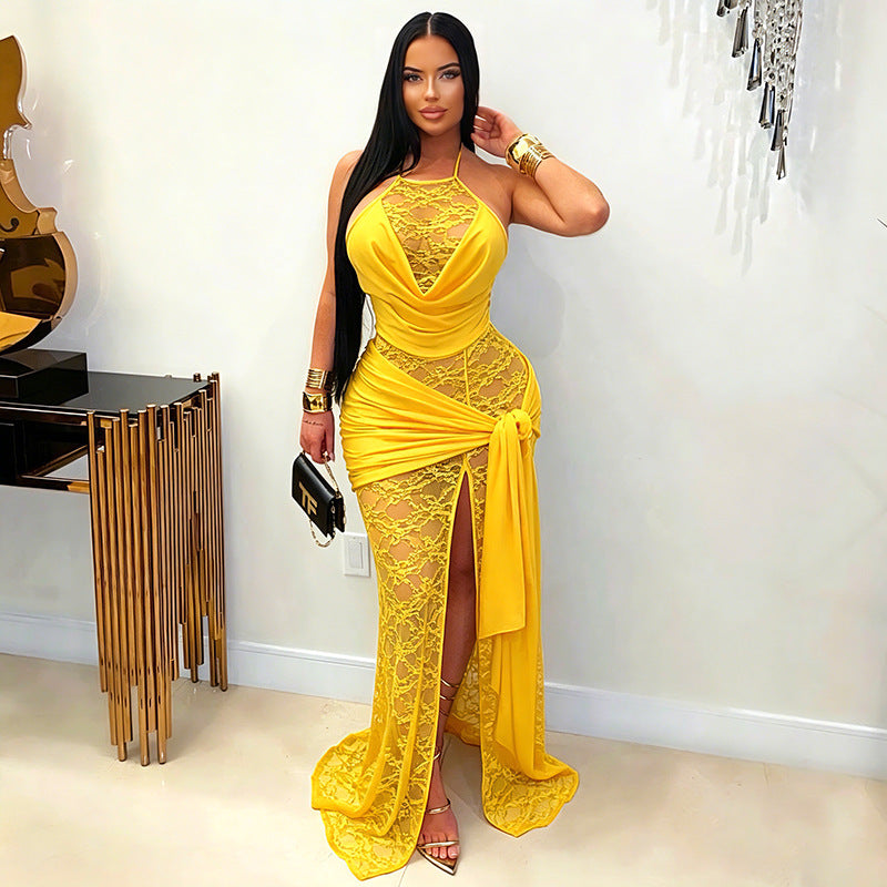 Women Clothing Summer Solid Color Lace Stitching Halter Swing Collar Slit Ribbon Maxi Dress