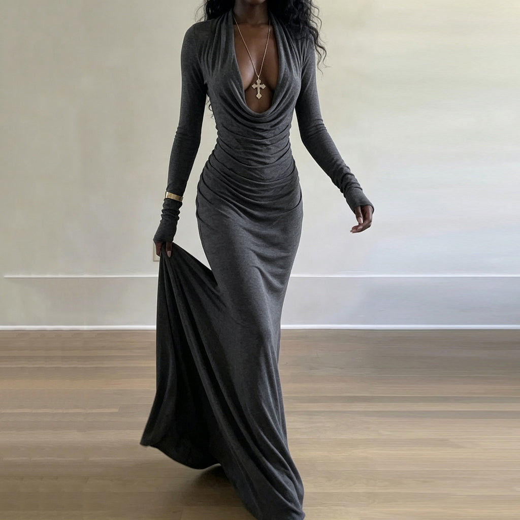Vestido largo de noche elegante con escote en V profundo, cuello de péndulo, manga larga, sexi y entallado