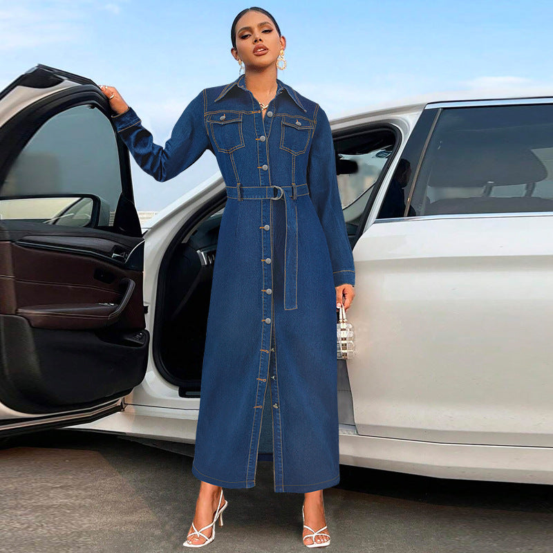Women Clothing Denim Collared Cardigan Button Long Sleeve Long Coat Dress