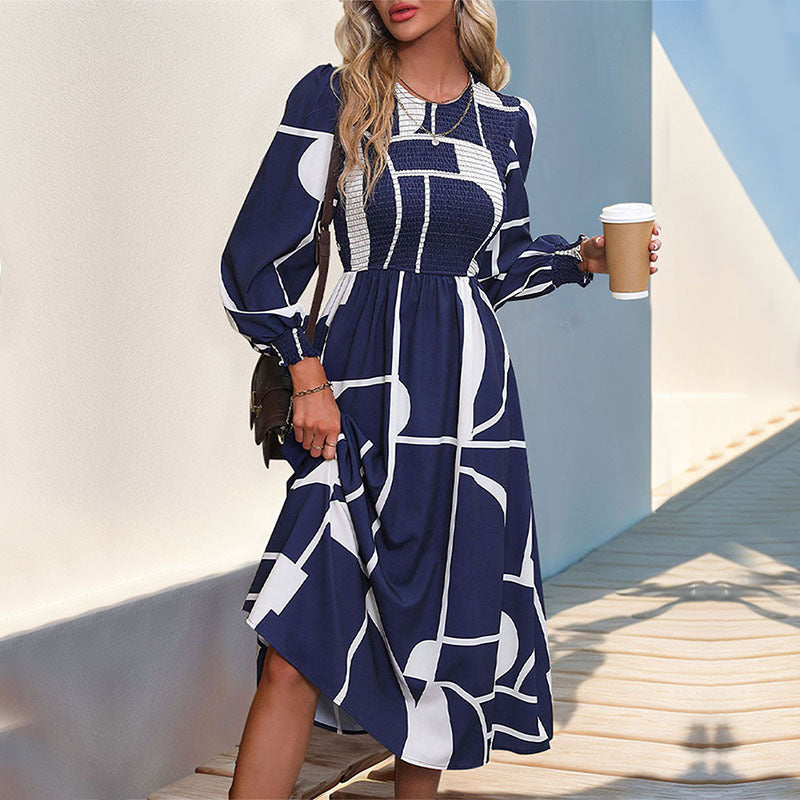Robe imprimée à manches longues et smocks pour femme, collection automne-hiver