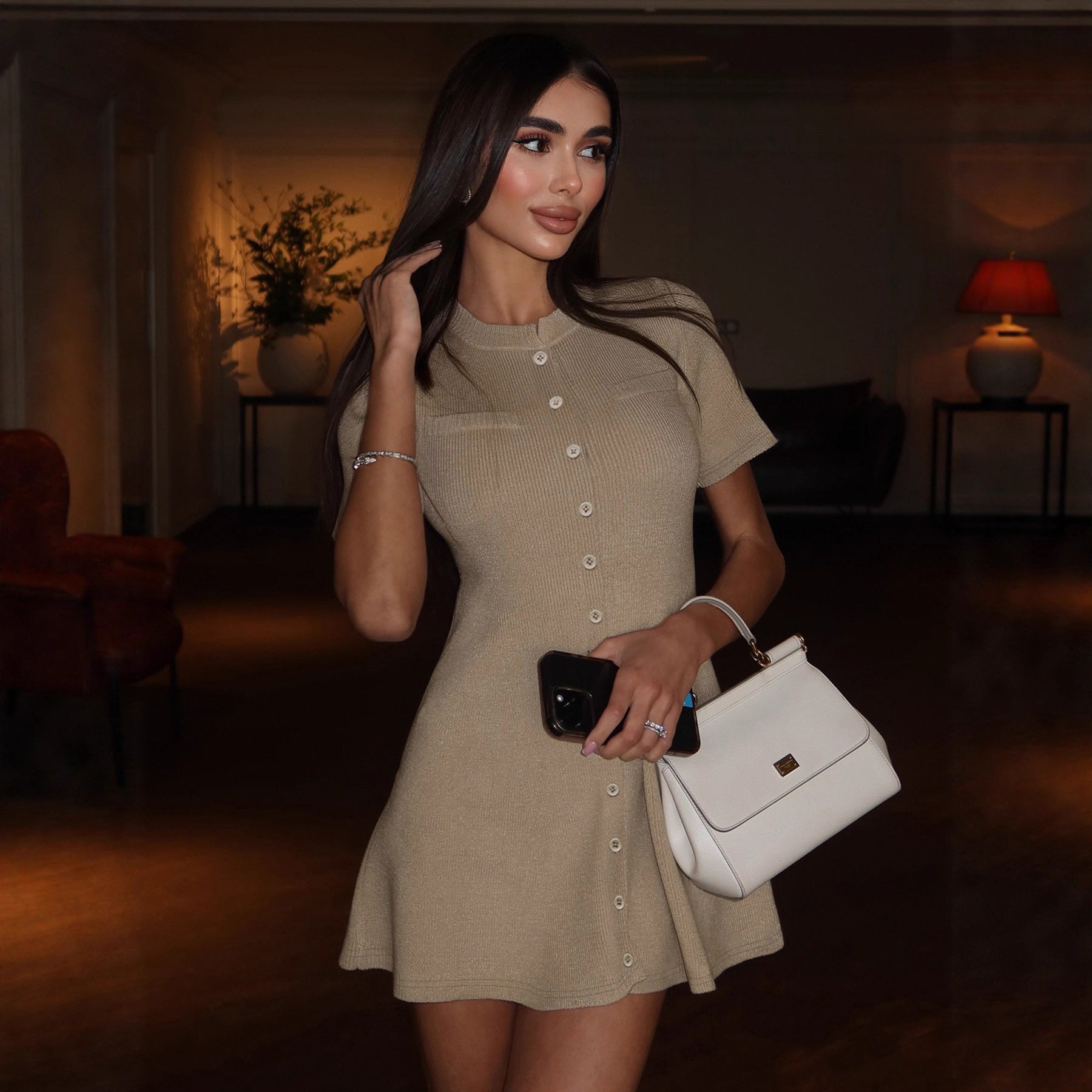 Vestido clásico de punto de color liso para mujer, cuello redondo, botonadura sencilla, manga corta, cintura alta, corte A