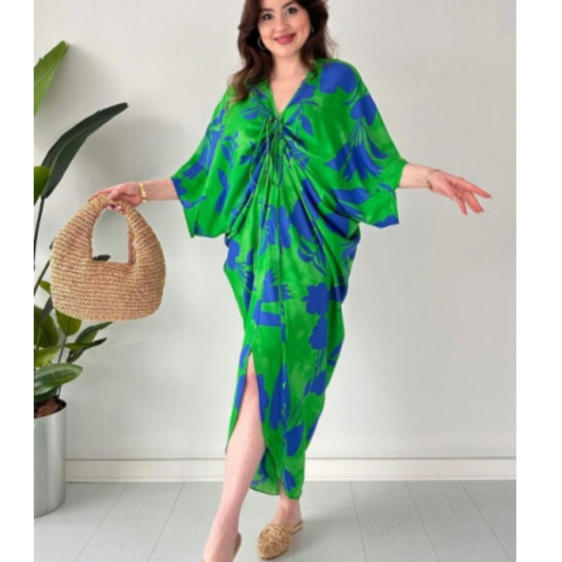 Robe femme asymétrique à manches chauve-souris amples, imprimé décontracté et cordon de serrage