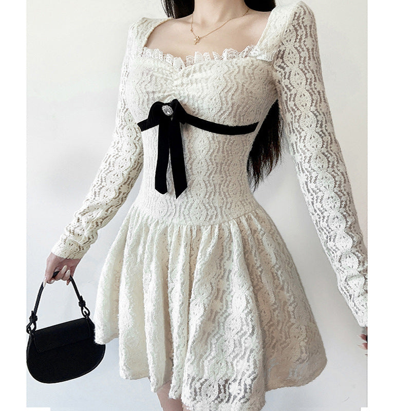 Robe moulante trapèze à nœud et coutures en dentelle pour femme, automne, petite robe courte sexy
