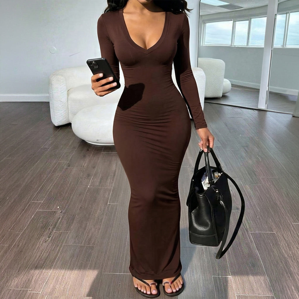 Robe Moulante Décolleté Plongeant Col V Sexy Jeune Femme Vêtements Automne Hiver