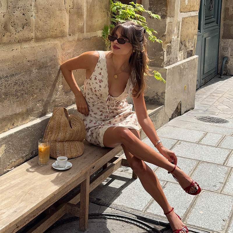 French Romantic Sexy Deep V Plunge Lace up Sleeveless Lace Trim Slim Floral Print Sexy Short Dress for Women