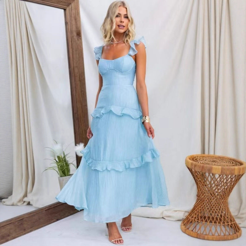 Vestido elegante con volantes de color liso para mujer de verano