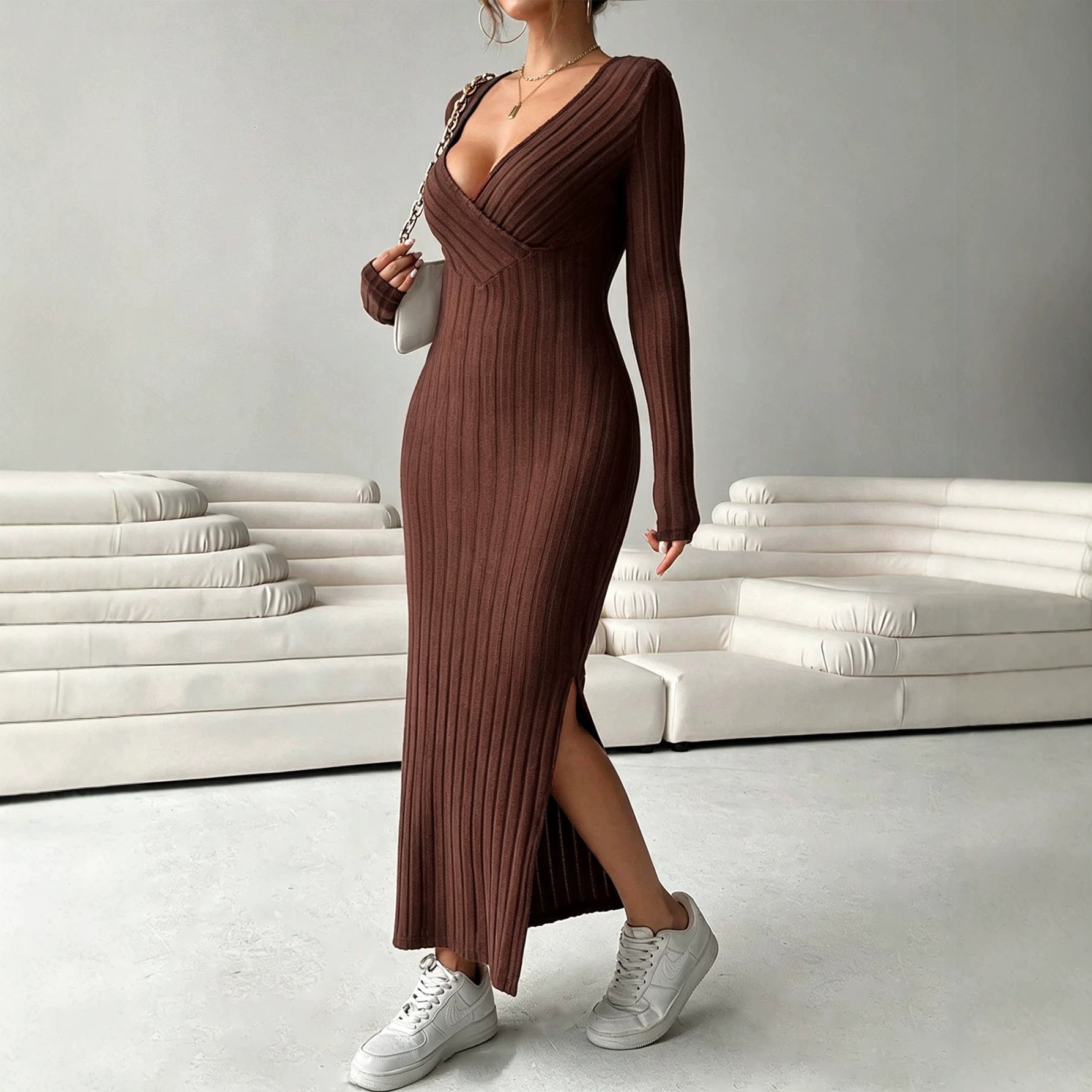 Autumn Winter Deep V Plunge neck Knitted Dress Women Long Sleeved Waist Slimming Slit Sheath Dress