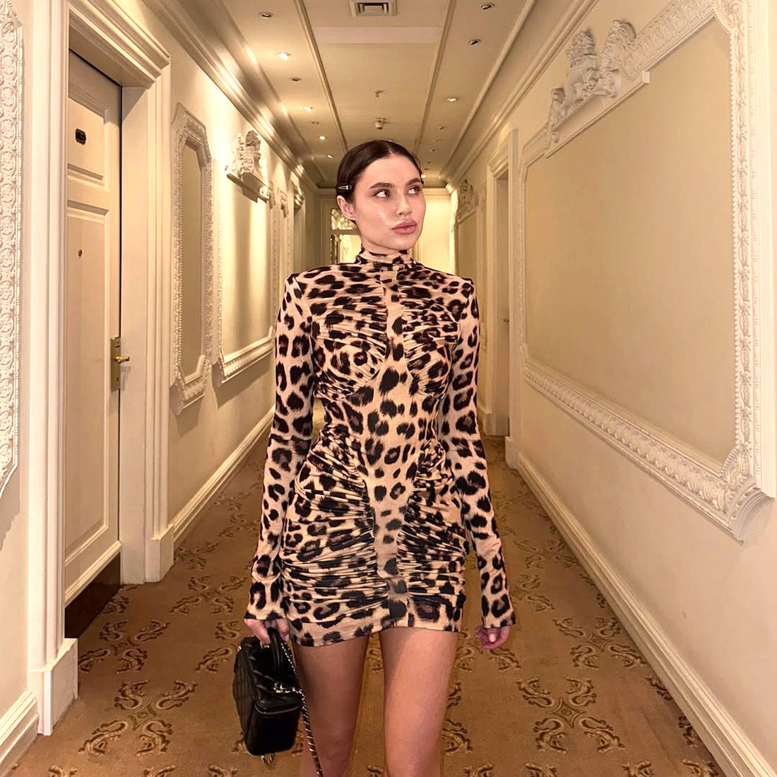 Autumn Winter Sexy Slim Fit Backless Half Turtleneck Pleated Solid Color Sheath Dress for Women