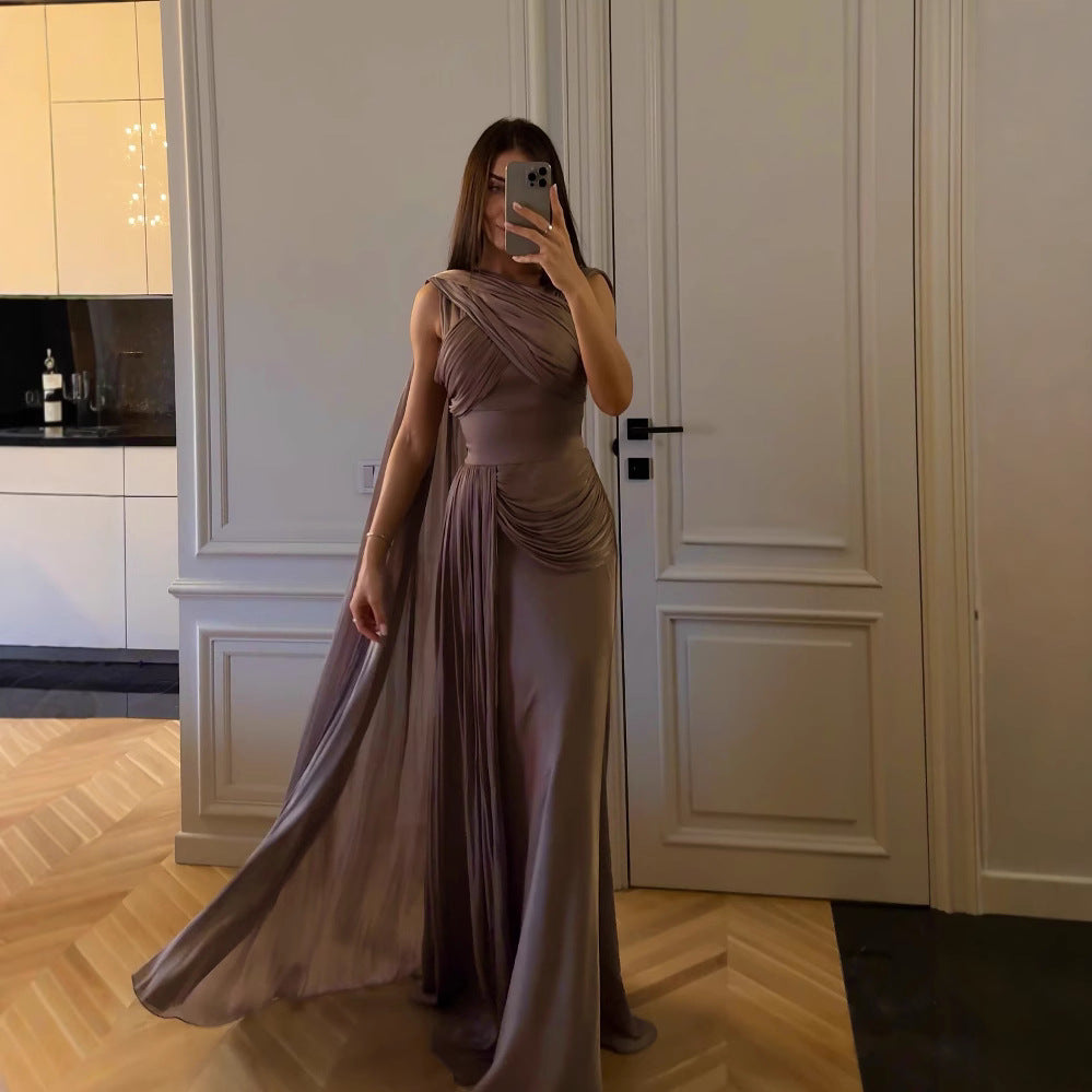 Spring Summer Women Clothing Pleated Ribbon Satin Evening Dress