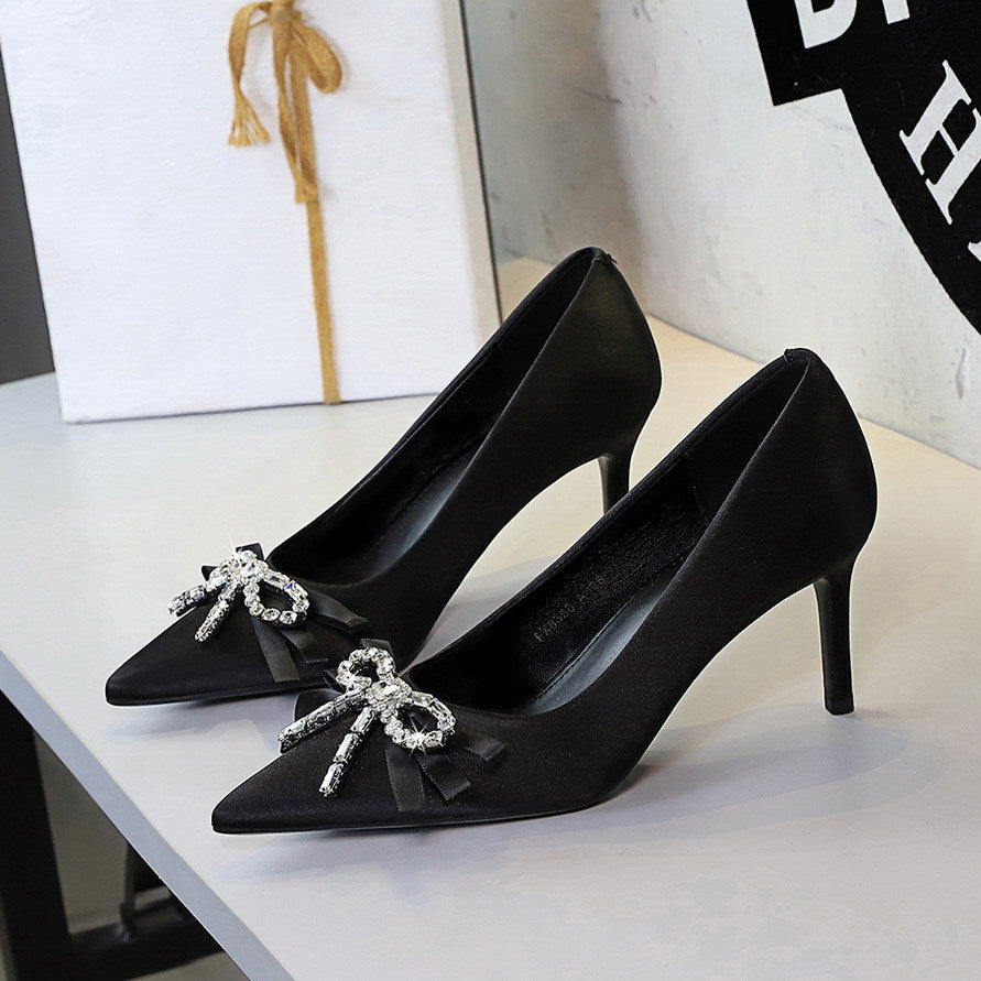 French Elegant Beautiful Rhinestone Ribbon Bow Slip on Satin Stiletto High Heel Shoes Women