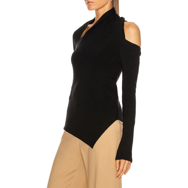 Pull à col roulé asymétrique irrégulier Automne Hiver Personnalisé Épaule dénudée Couleur unie Coupe ajustée Court Pull Femme