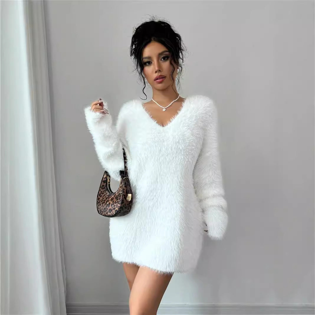Autumn Winter V neck Outer Wear Loose Lazy Pullover Knitting Woolen